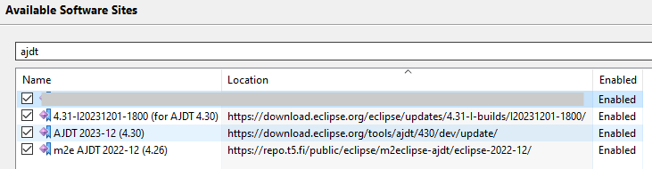 Eclipse IDE filtered list of update sites